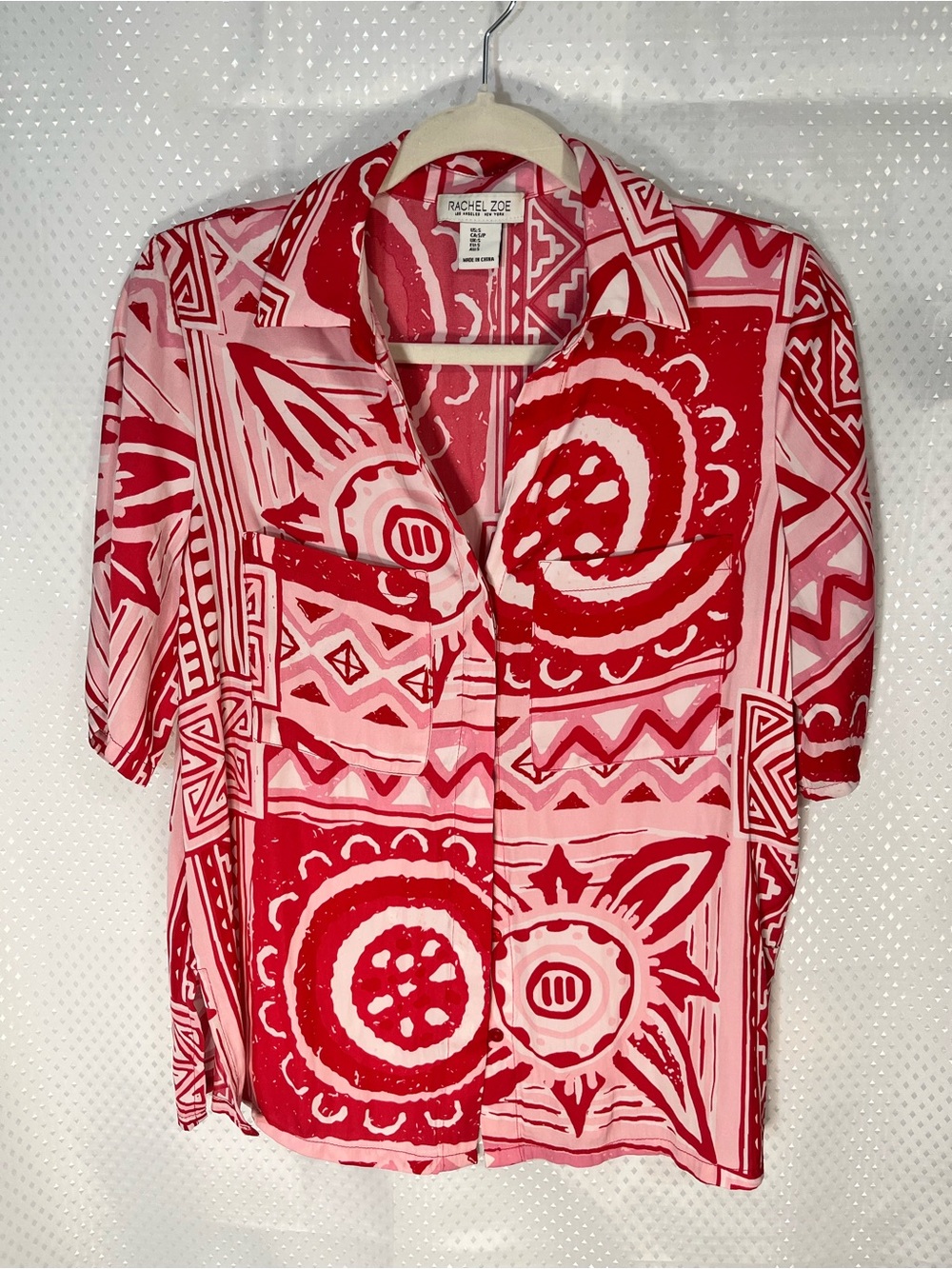 Rachel Zoe Red and Pink Short-Sleeve Patterned Button-Up Blouse